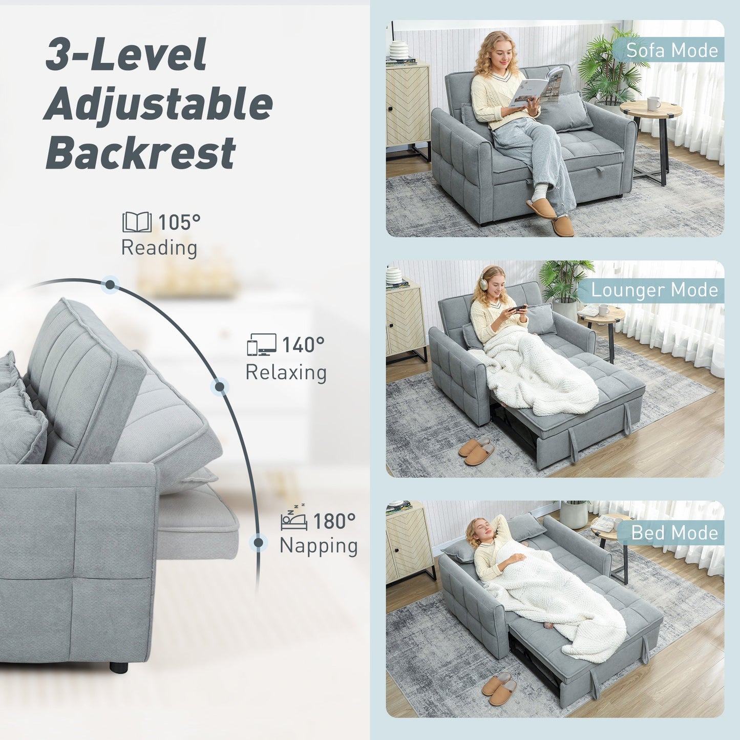 HOMCOM 2 Seater Sofa Bed, 3-in-1 Convertible Sleeper Sofa with Click-clack Adjustable Backrest and 2 Pillows, Grey