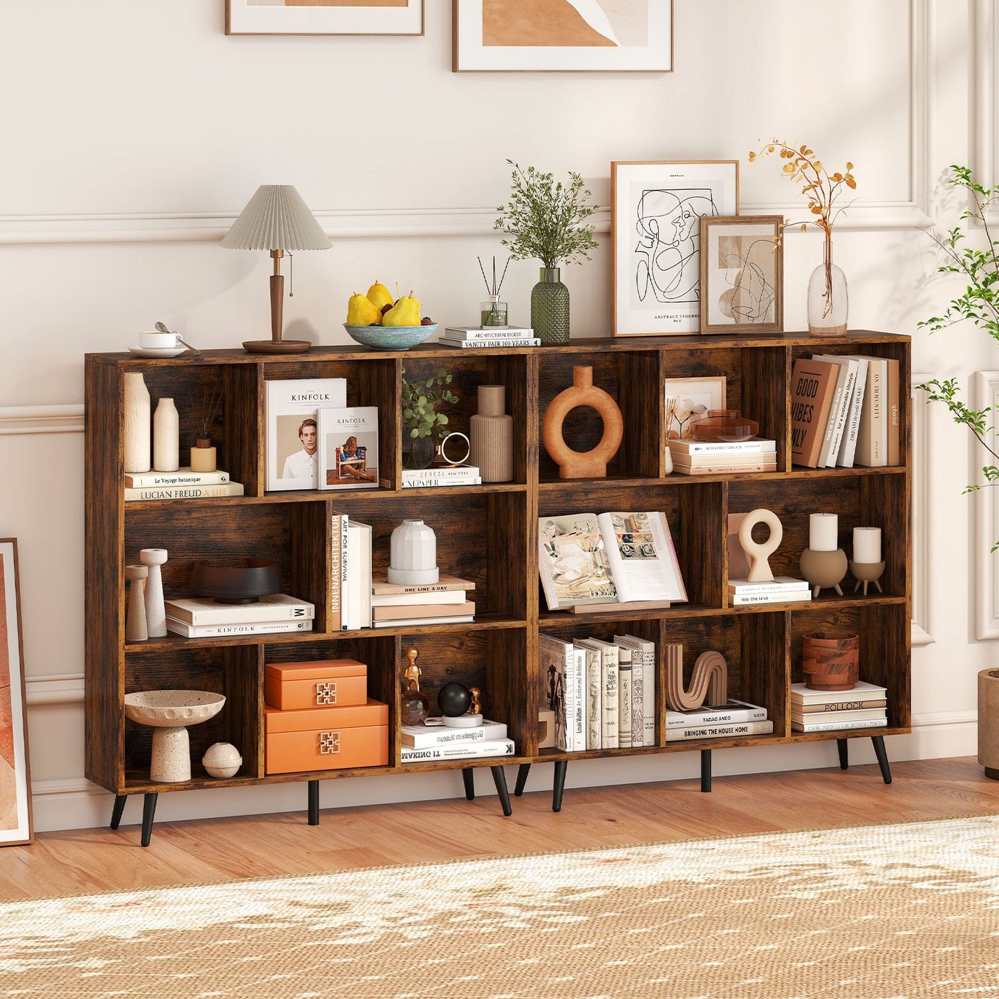 8-Cube Mid Century Modern Bookcase with 5 Tapered Metal Legs-Coffee