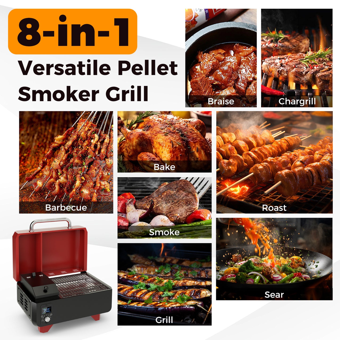 8-in-1 Portable Pellet Grill with Digital Control and Meat Probe for Backyard-Red