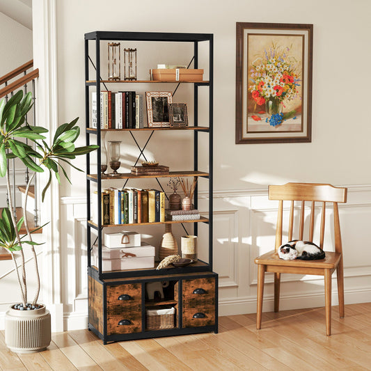 8-tier Bookshelf with 4 Fabric Drawers and Heavy-duty Metal Frame-Coffee