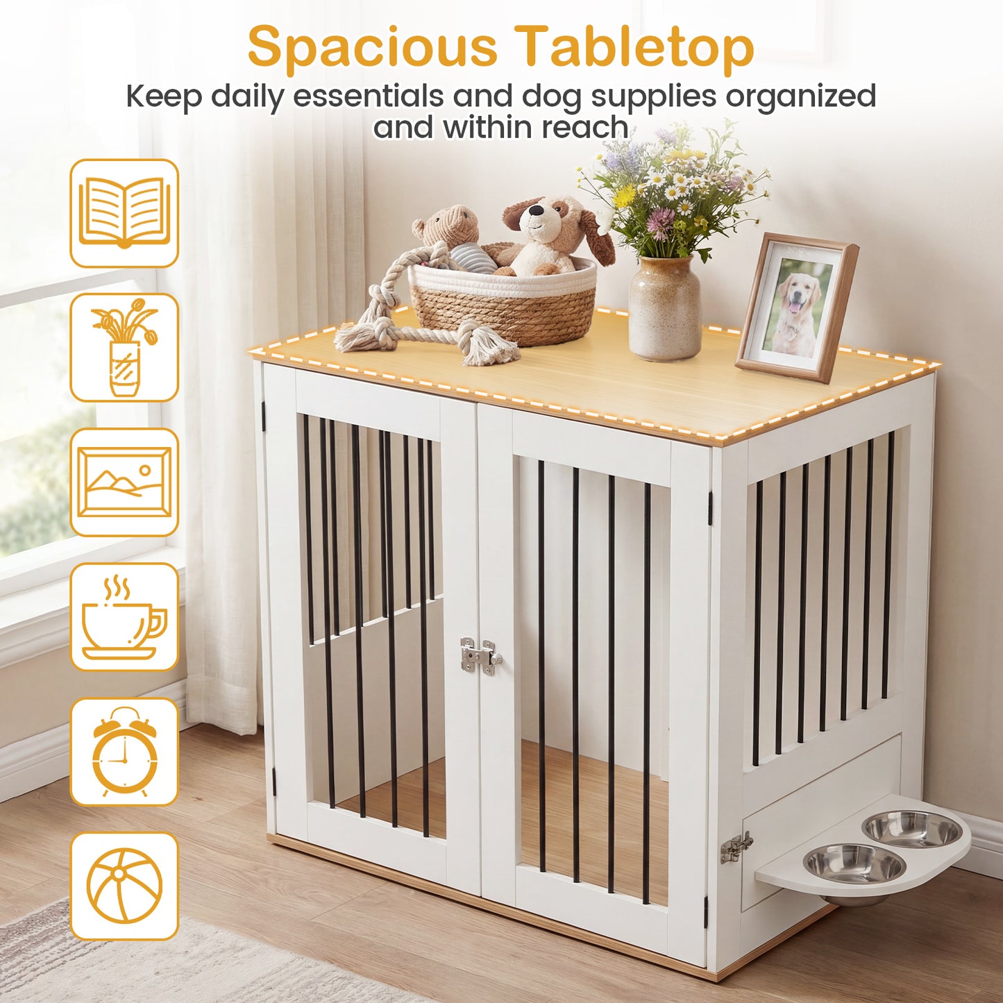 80 cm Indoor Wooden Dog Kennel with Double Lock Doors and 360° Rotating Feeder-White