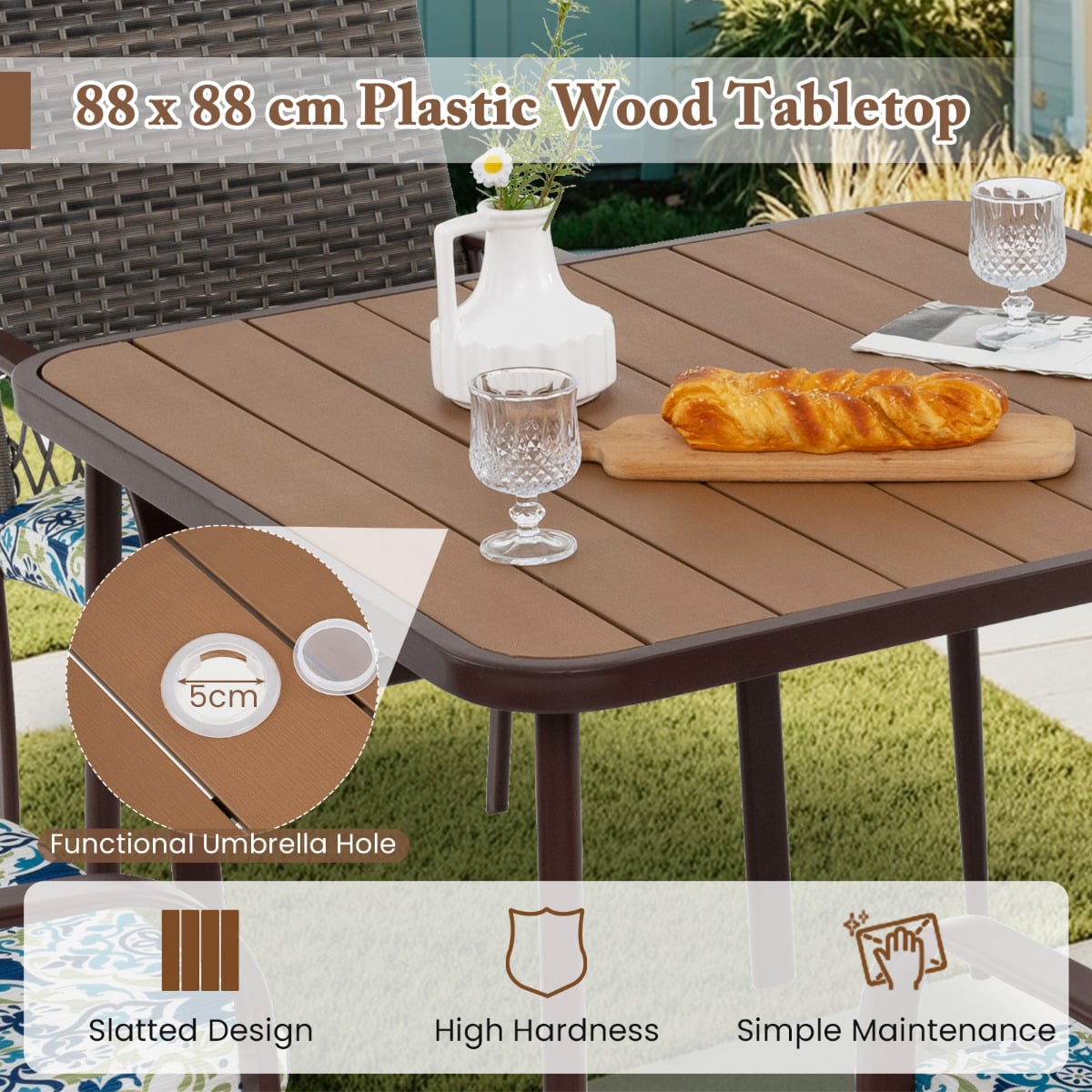 80 x 80 cm Large Outdoor Dining Table with Wood-Plastic Tabletop
