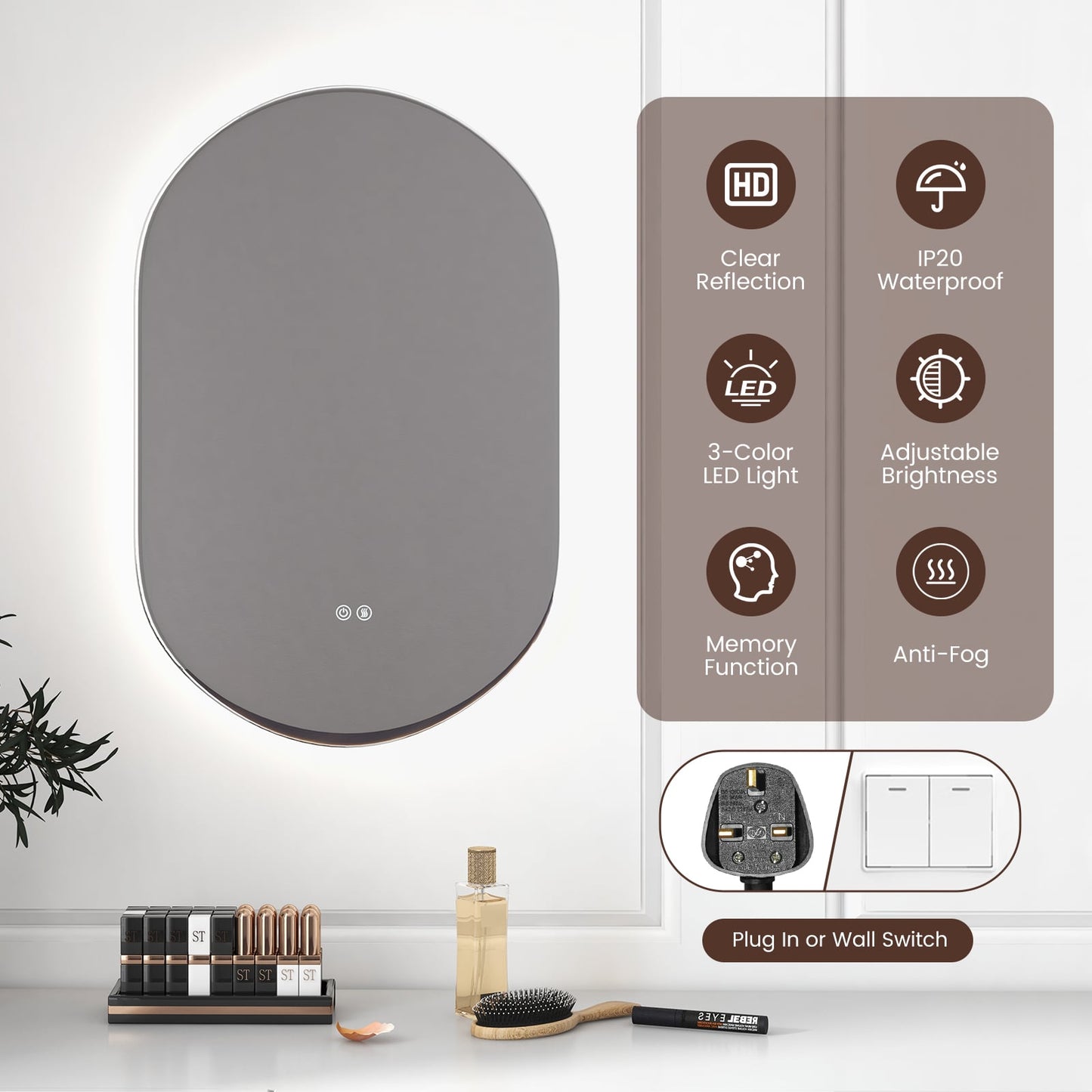 80 x 50 CM Oval LED Wall Mirror with Dimmable 3-Color Lights and Smart Touch