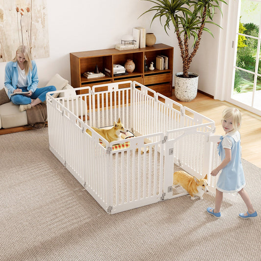 81CM 6-Panel Dog Playpen with Secure Locking Door and Ground Stakes-White
