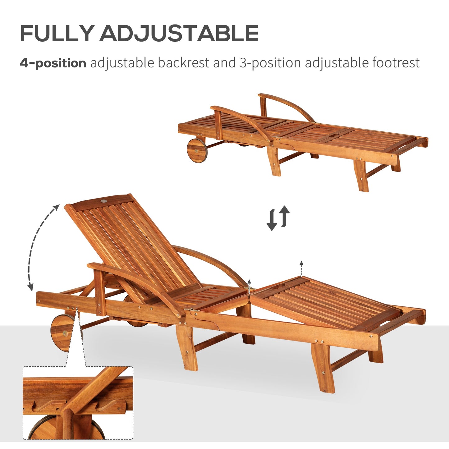 Outsunny Folding Wooden Sun Lounger, 4-Level Adjustable Garden Lounger Recliner with Side Tray and Wheels, Outdoor Reclining Sunbed with Slatted Seat and Armrests for Patio, Terrace, Teak