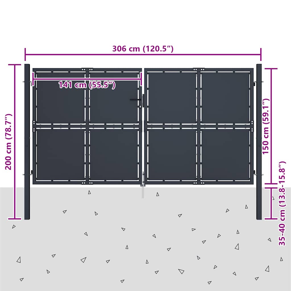 vidaXL Garden Gate Steel 300x150 cm Anthracite 5