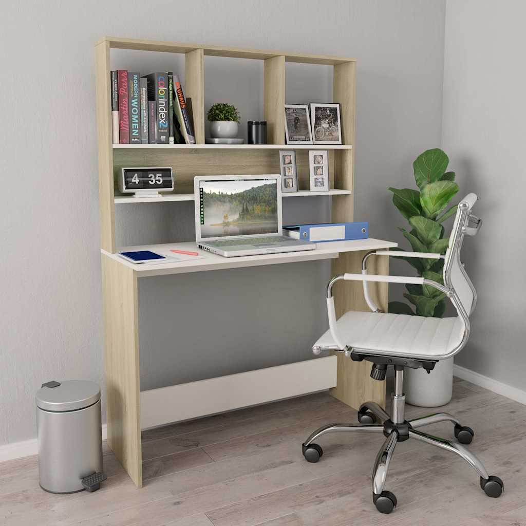 Desk with Shelves 110x45x157 cm Engineered Wood White and sonoma oak