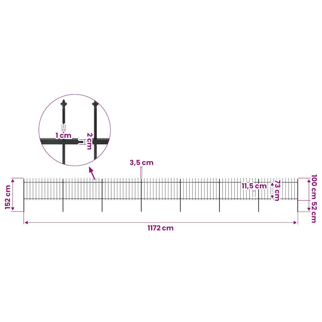 vidaXL Garden Fence with Spear Top Steel 1172x100 cm Black 5