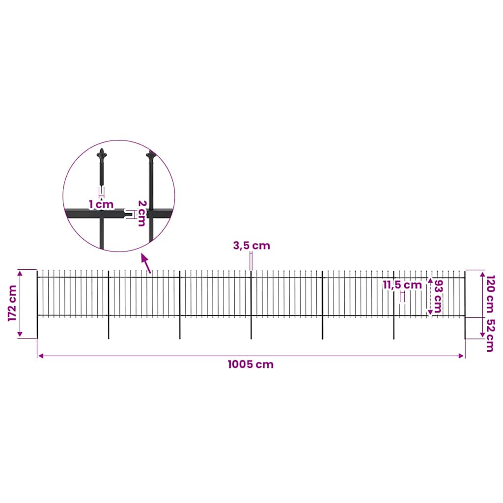 vidaXL Garden Fence with Spear Top Steel 1005x120 cm Black 5
