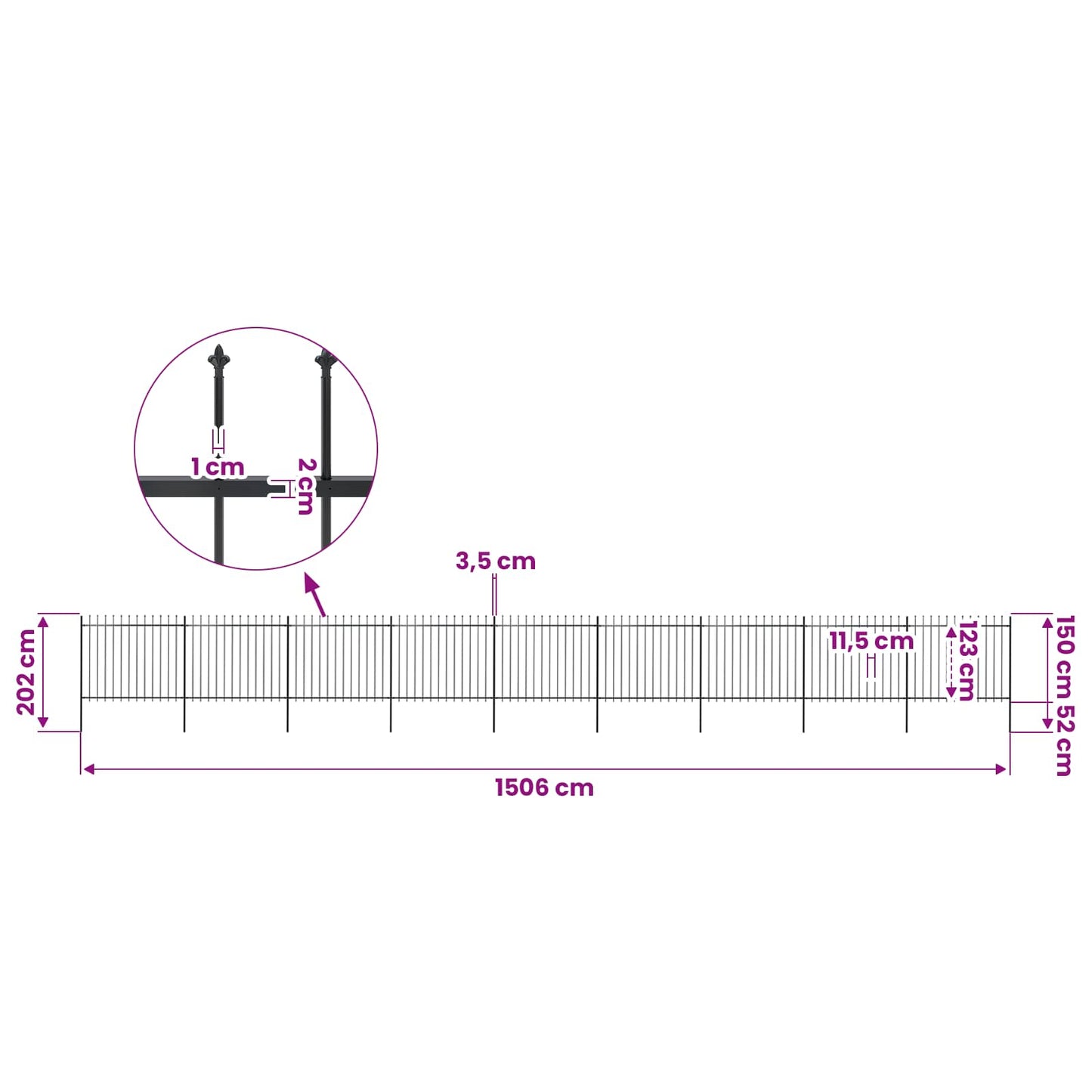 vidaXL Garden Fence with Spear Top Steel 1506x150 cm Black 5