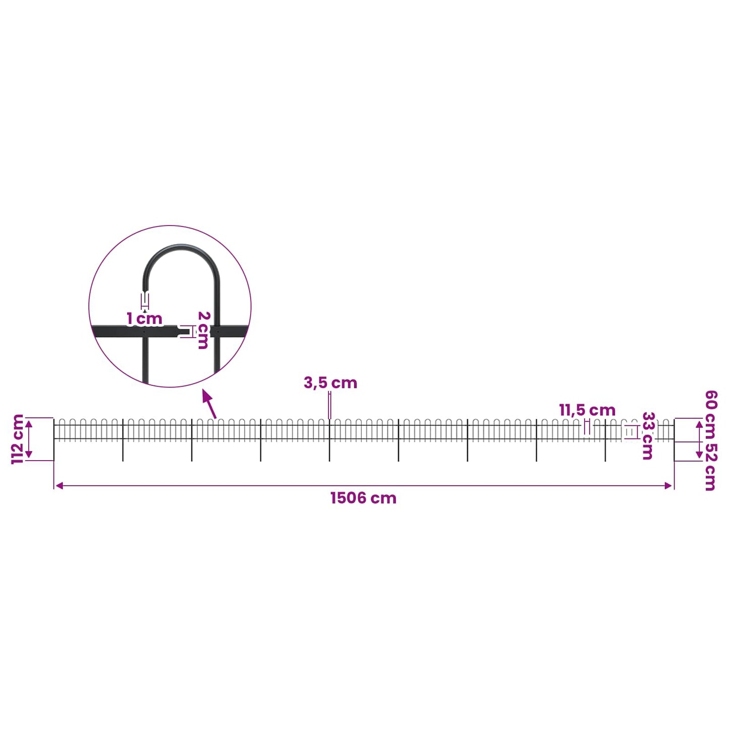 vidaXL Garden Fence with Hoop Top Steel 1506x60 cm Black 5