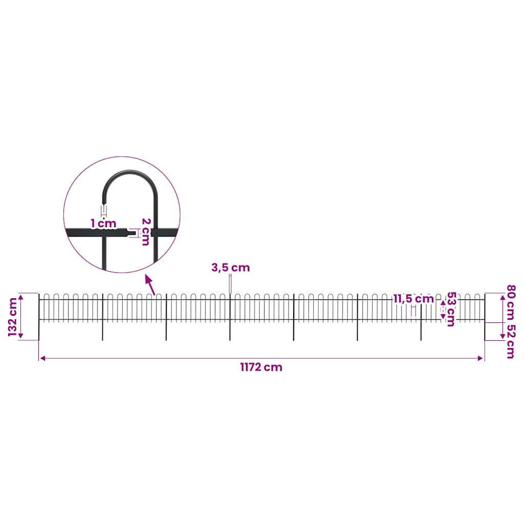 vidaXL Garden Fence with Hoop Top Steel 1172x80 cm Black 5