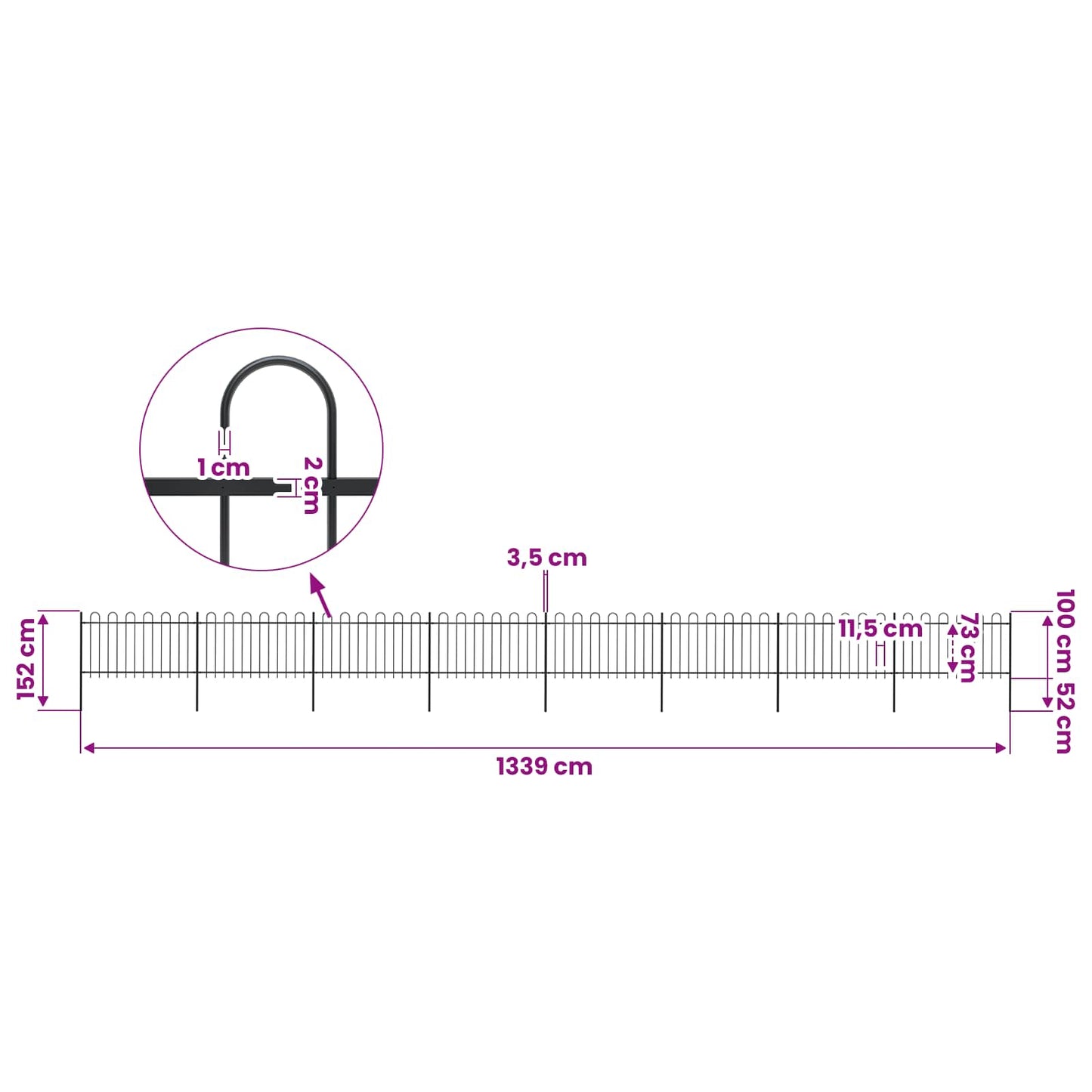 vidaXL Garden Fence with Hoop Top Steel 1339x100 cm Black 5