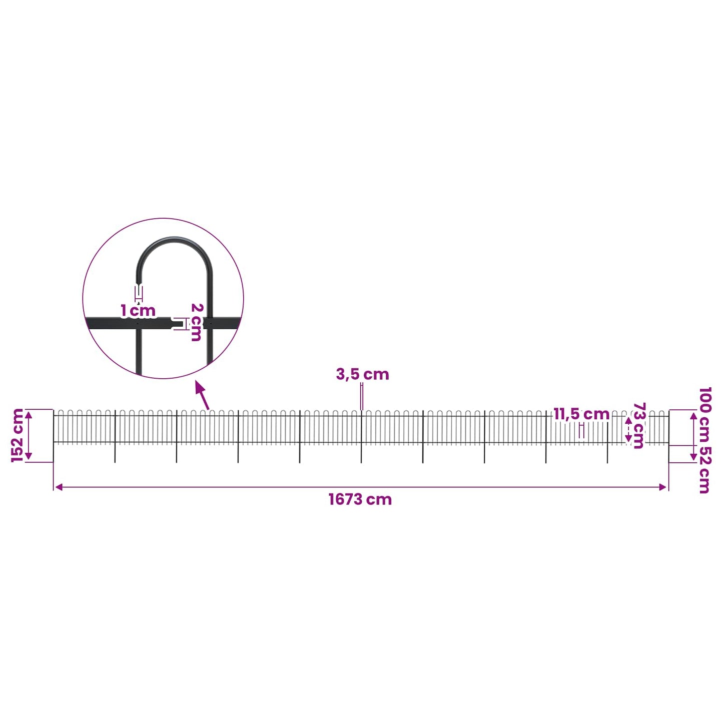 vidaXL Garden Fence with Hoop Top Steel 1673x100 cm Black 5