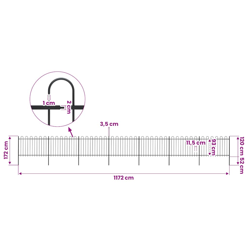 vidaXL Garden Fence with Hoop Top Steel 1172x120 cm Black 5