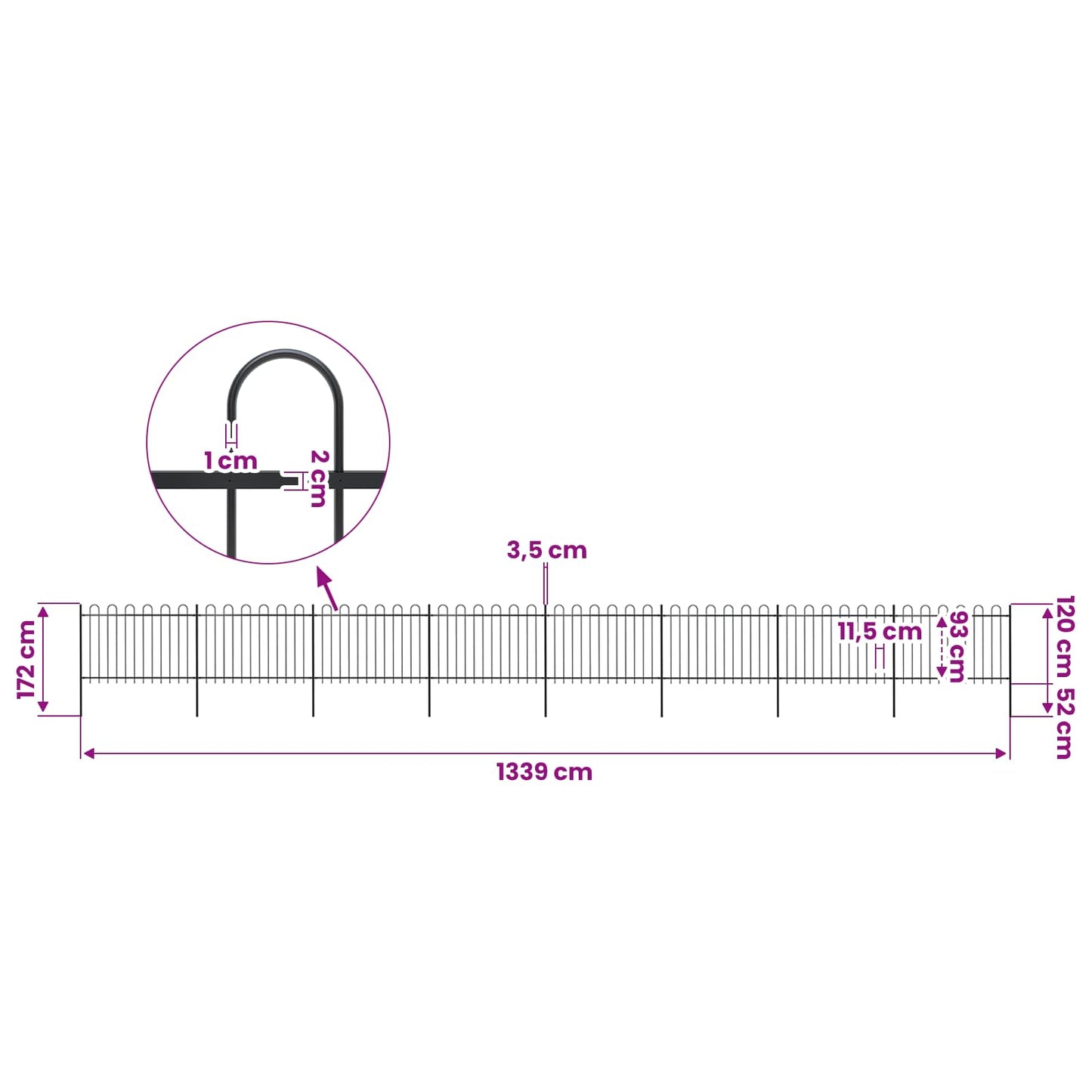 vidaXL Garden Fence with Hoop Top Steel 1339x120 cm Black 5