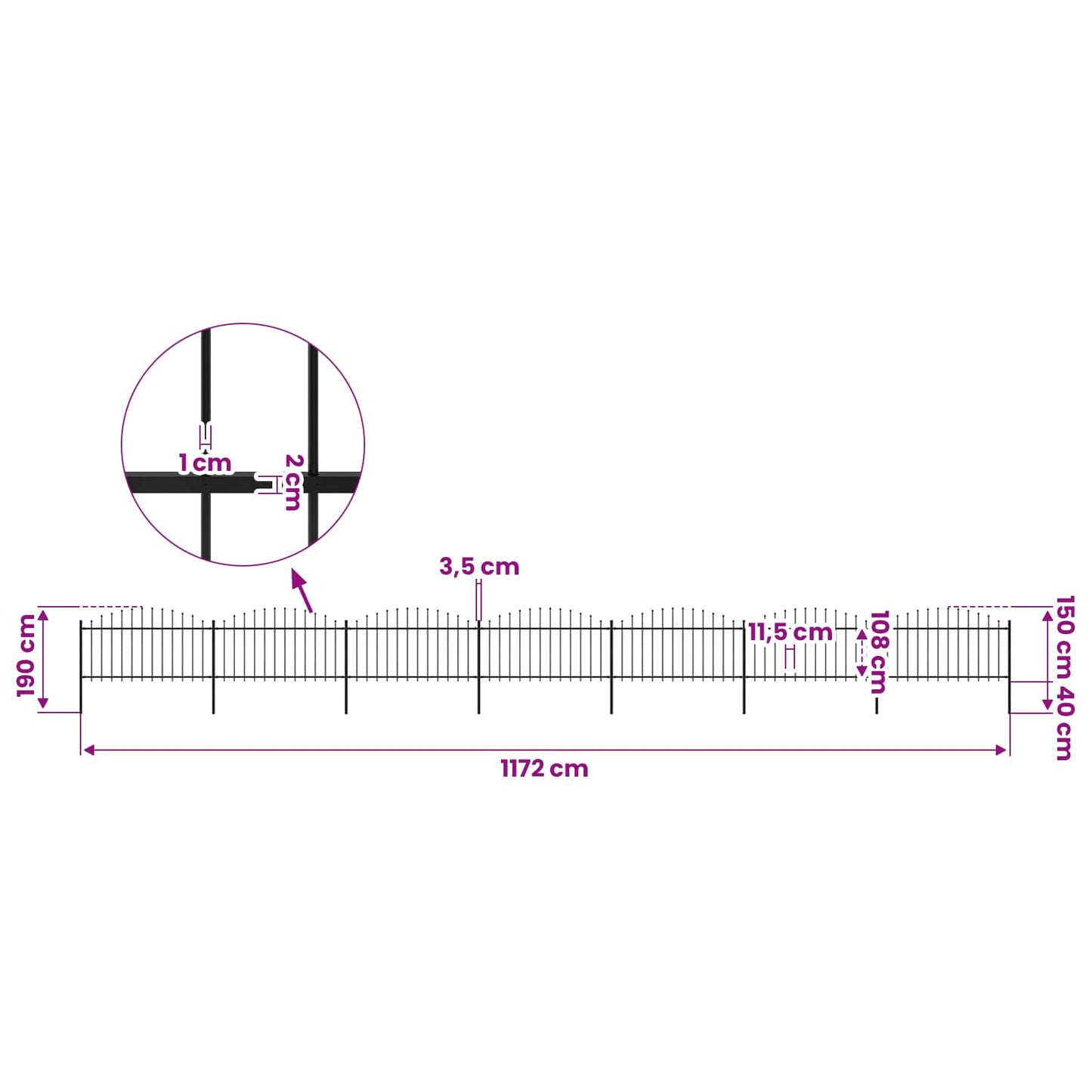 vidaXL Garden Fence with Spear Top Steel 1172x150 cm Black 5