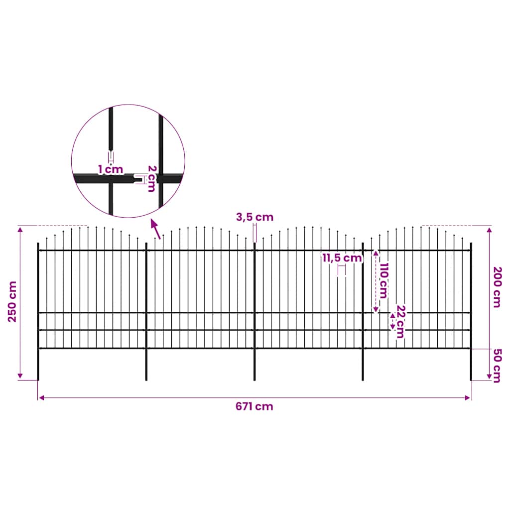 vidaXL Garden Fence with Spear Top Steel 671x200 cm Black 5