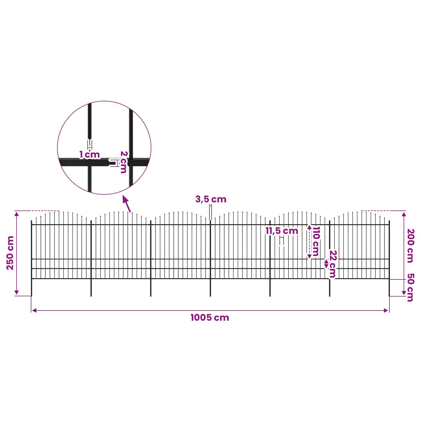 vidaXL Garden Fence with Spear Top Steel 1005x200 cm Black 5