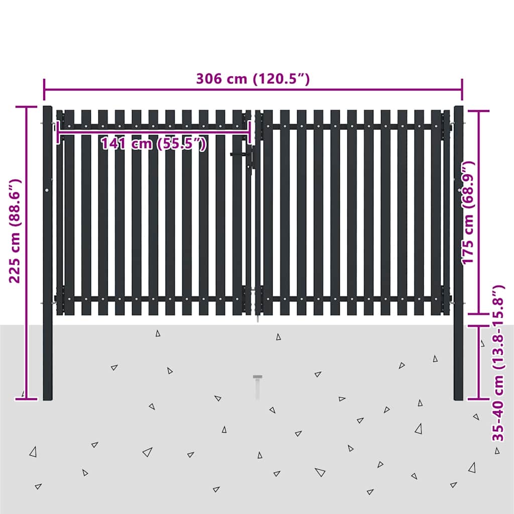 vidaXL Double Door Fence Gate Steel 300x175 cm Anthracite 6