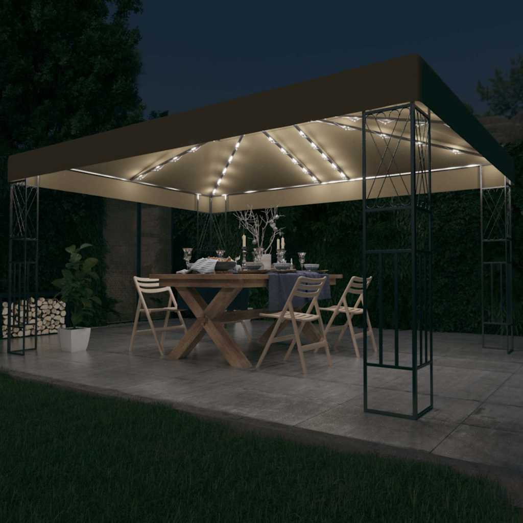 Gazebo with LED String Lights Fabric Taupe 3 x 4 m