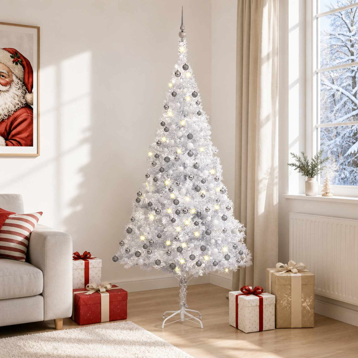 Christmas Tree PET 210 cm Silver with 300 LEDs&white/grey balls