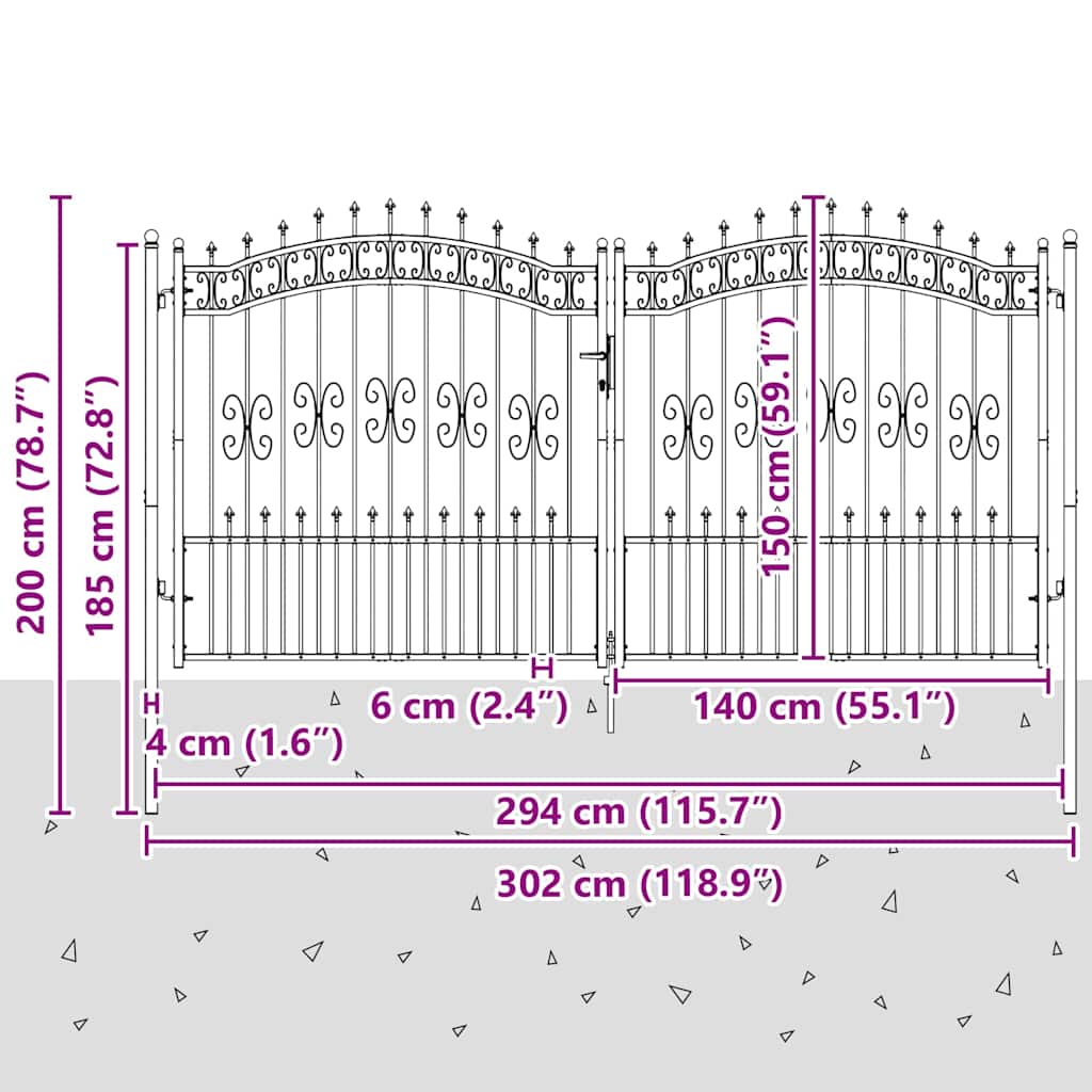 vidaXL Fence Gate "KAMPEN" with Spear Top Black 302x150 cm Steel 6