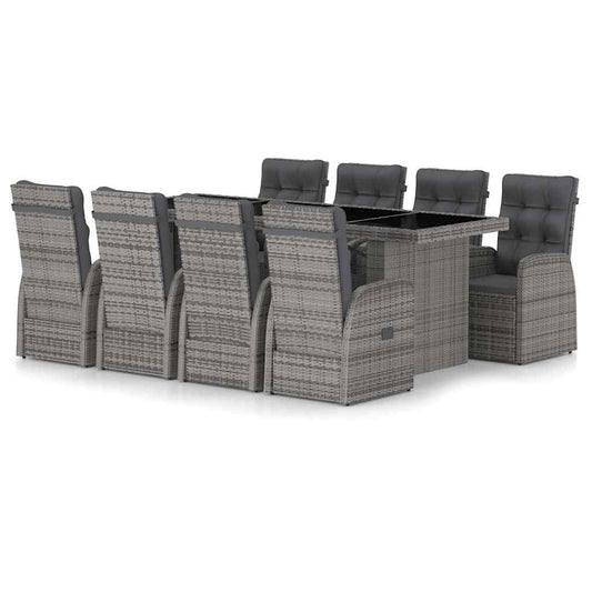 vidaXL 9 Piece Garden Dining Set with Cushions Grey Poly Rattan 2