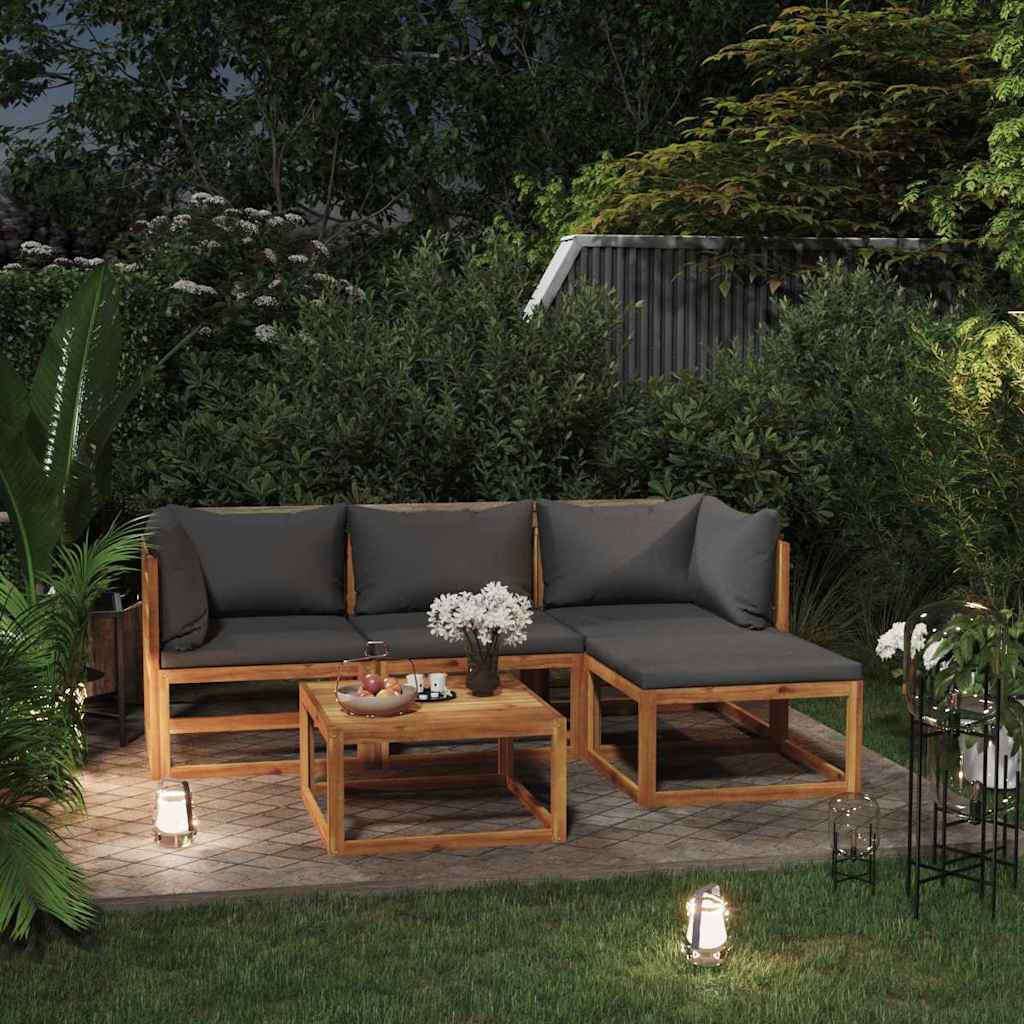 5 Piece Garden Lounge Set with Cushions Solid Wood Acacia 2x corner + middle + footrest + table Dark grey