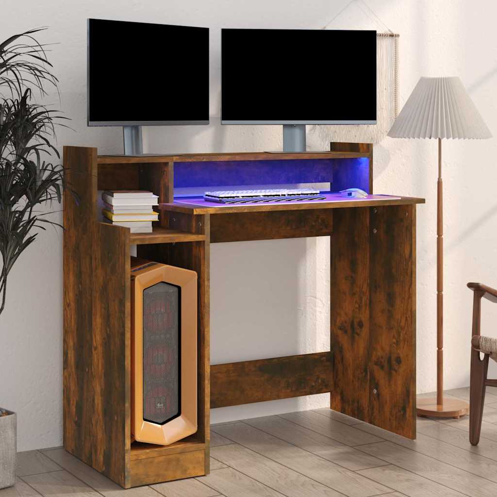 Desk with LED Lights 97x45x90 cm Engineered Wood Smoked oak