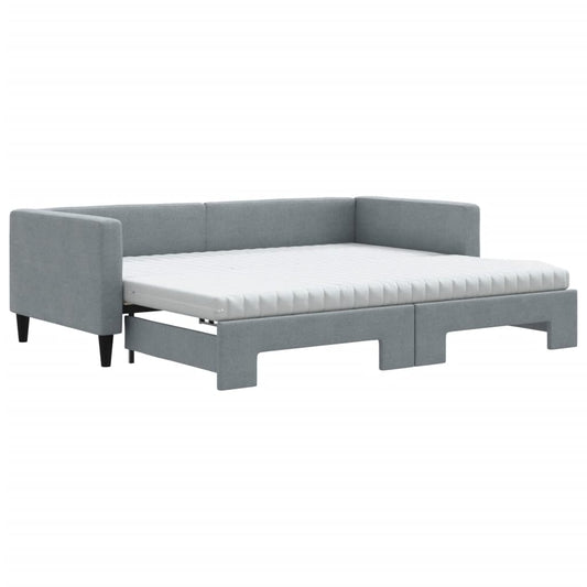 vidaXL Daybed with Trundle and Mattresses Light Grey 90x190 cm Fabric 2