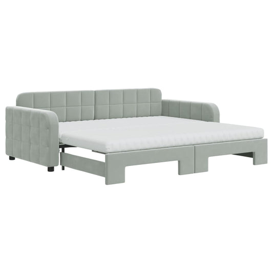 vidaXL Daybed with Trundle and Mattresses Light Grey 90x190 cm Velvet 2