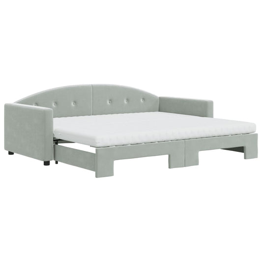 vidaXL Daybed with Trundle and Mattresses Light Grey 90x190 cm Velvet 2
