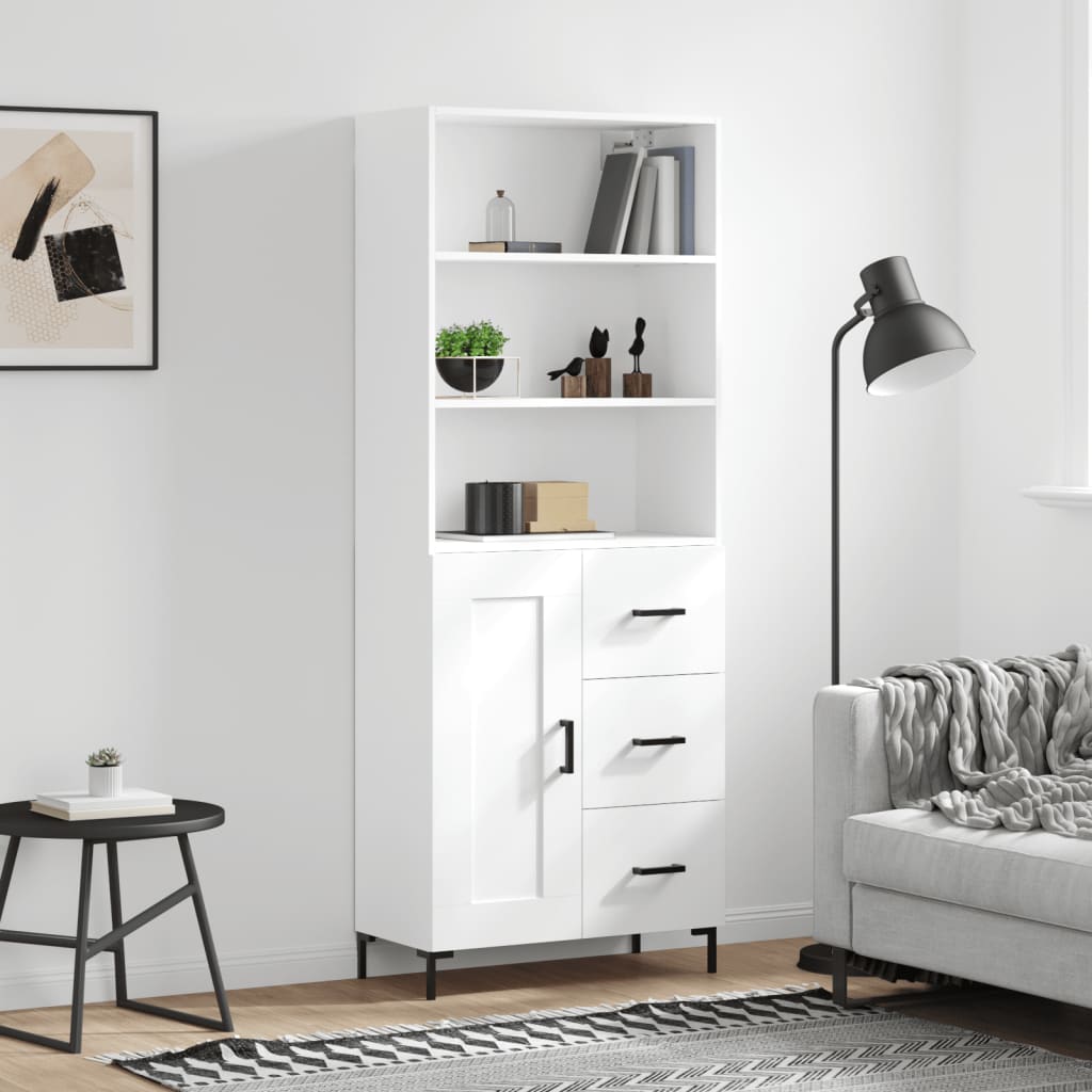 Highboard 69.5x34x180 cm Engineered Wood 1 Wood Door 3 Drawers White
