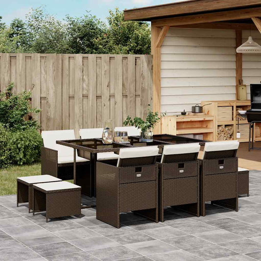 11 Piece Garden Dining Set with Cushions Poly Rattan Glass 10 pcs Brown