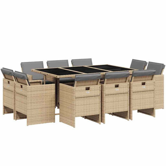 vidaXL 11 Piece Garden Dining Set with Cushions Mix Beige Poly Rattan 2
