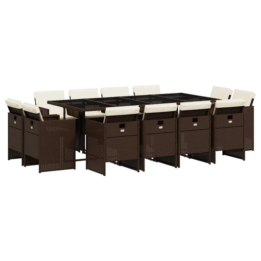 13 Piece Garden Dining Set with Cushions Poly Rattan Glass 12 Brown and cream