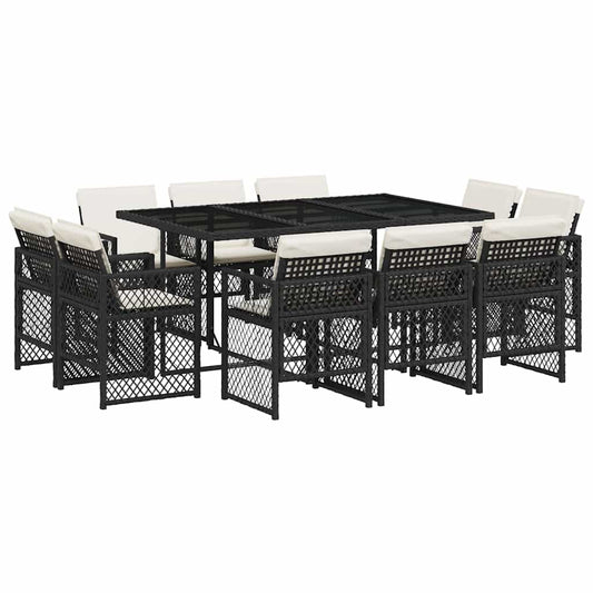 11 Piece Garden Dining Set with Cushions Poly Rattan Glass 10 Black and cream
