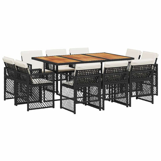 9 Piece Garden Dining Set with Cushions Poly Rattan Wood Black and cream 10