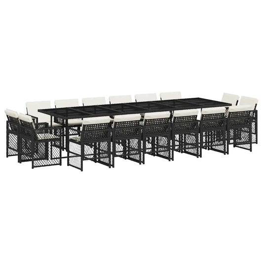 17 Piece Garden Dining Set with Cushions Poly Rattan Glass 16 Black and cream