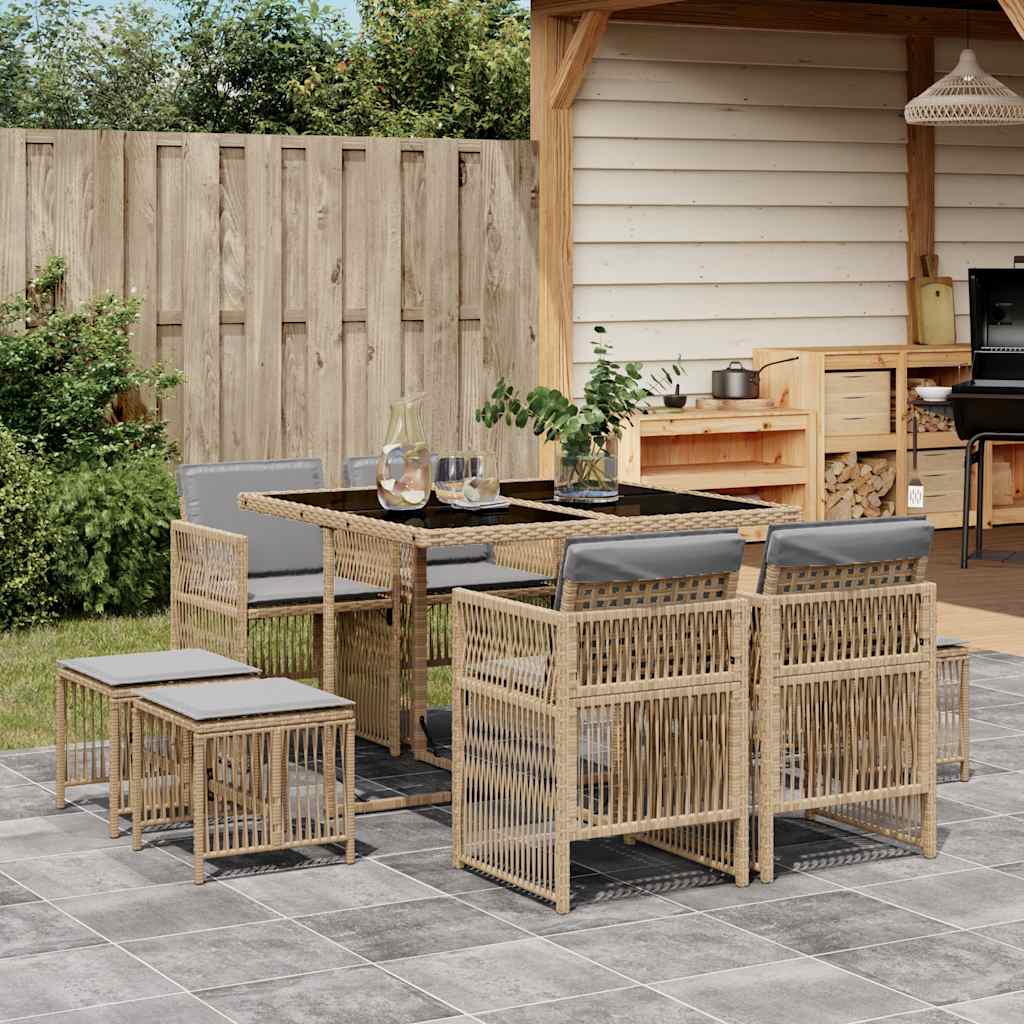 9 Piece Garden Dining Set with Cushions Poly Rattan Glass 8 pcs Mix beige