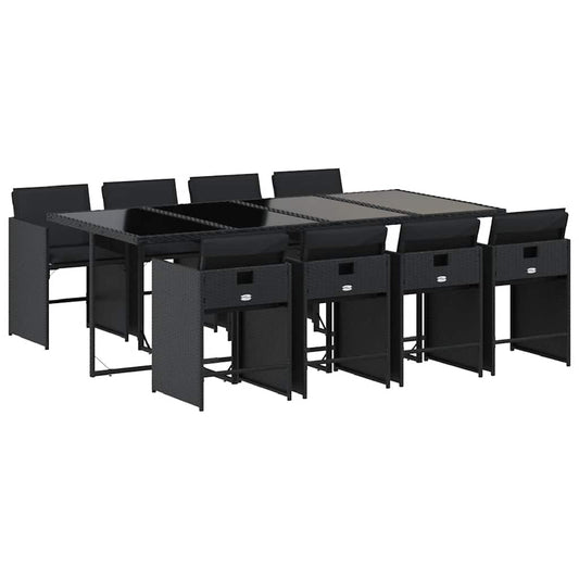 9 Piece Garden Dining Set with Cushions Poly Rattan Glass 8 Black