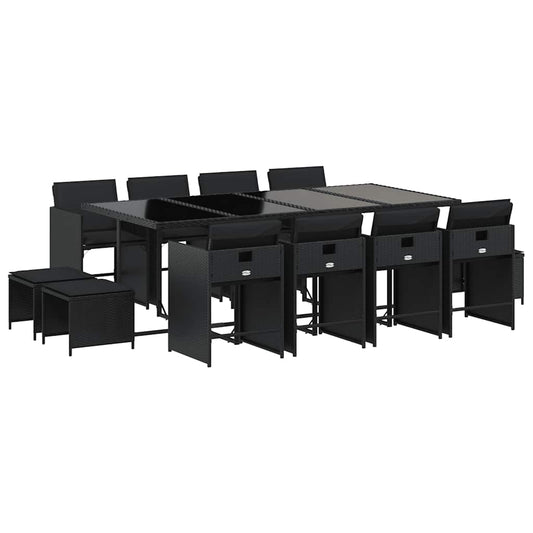 vidaXL 13 Piece Garden Dining Set with Cushions Black Poly Rattan 2