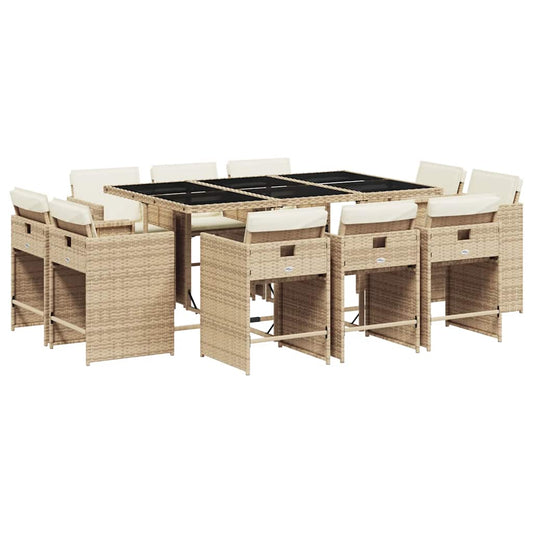 11 Piece Garden Dining Set with Cushions Poly Rattan Glass 10 Beige