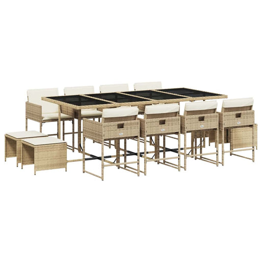 13 Piece Garden Dining Set with Cushions Poly Rattan Glass 12 Beige