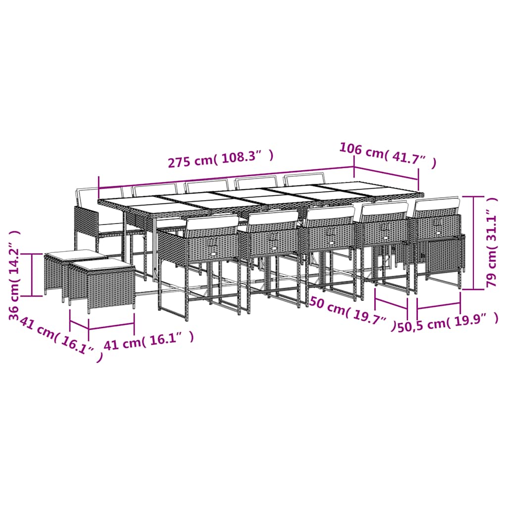 vidaXL 15 Piece Garden Dining Set with Cushions Beige Poly Rattan 6