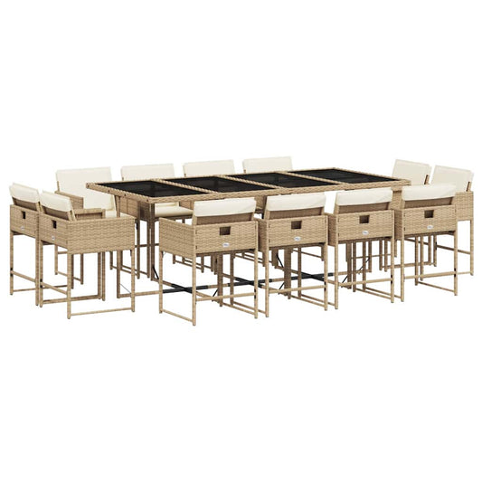 13 Piece Garden Dining Set with Cushions Poly Rattan Glass 12 Beige