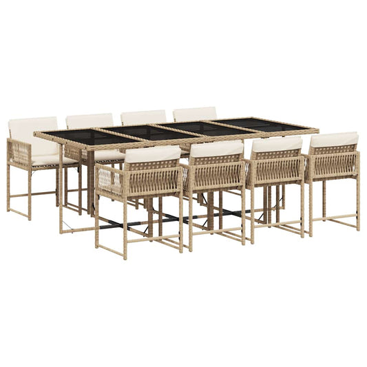 9 Piece Garden Dining Set with Cushions Poly Rattan Glass 8 pcs Beige and cream