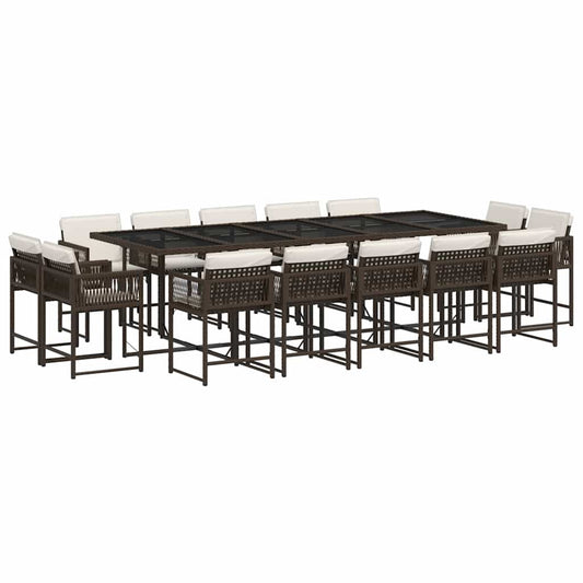 15 Piece Garden Dining Set with Cushions Poly Rattan Glass 14 Brown