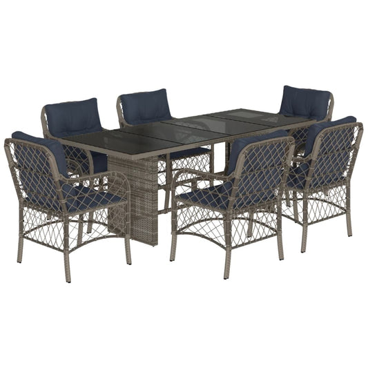7 Piece Garden Dining Set with Cushions Grey Poly Rattan Glass 6